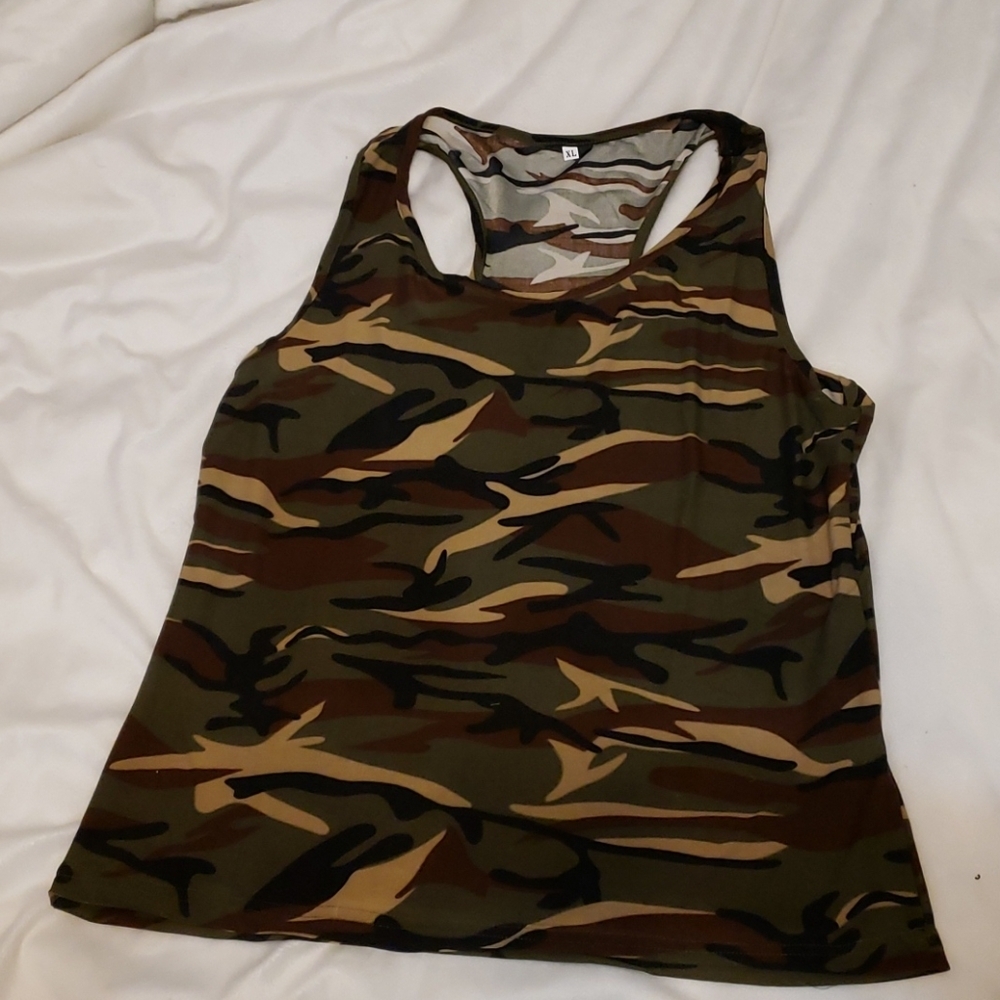 Racer Back Camouflage Tank Top Summer Boho Green Brown Bohemian Fall Camo - Picture 4 of 8